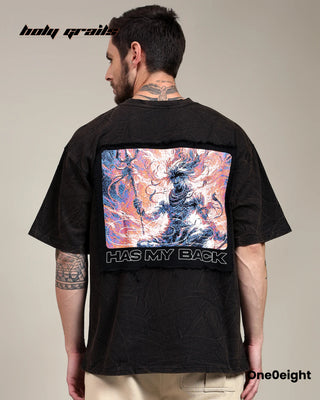 Guy in Street Style 'Bhairava The Fierce Protector' Black 240 GSM 100% Cotton Screen & Puff Printed Oversize Tee - Back