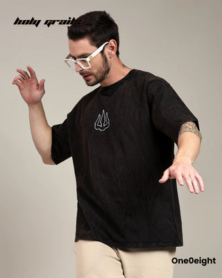 Guy in Street Style 'Bhairava The Fierce Protector' Black 240 GSM 100% Cotton Screen & Puff Printed Oversize Tee - Side 2