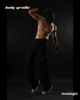 Guy in Street Style 'Blackout X-12' Black Multi Pocketed Utility Cargo Pants HG x One0eight - Front Side