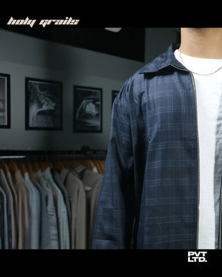 Guy in Street Style 'Blaze Grid Zip Up' Navy Grid-Check Zipper Jacket HG x Pvt Ltd - Front Close