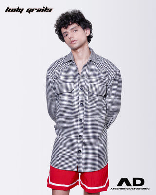 Guy wearing a Street Style 'Check-Mate' Black & White Full Sleeve Oversize Shirt and red shorts - Front