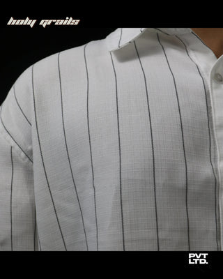 Guy in Street Style 'Classic Pin Striped' White Unisex Cotton blend with satin Finish Full Sleeve Shirt HG x Pvt Ltd - Front Left Close Up