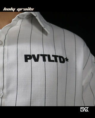 Guy in Street Style 'Classic Pin Striped' White Unisex Cotton blend with satin Finish Full Sleeve Shirt HG x Pvt Ltd - Front Right Close Up