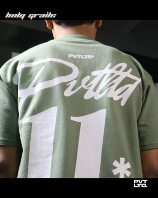 Guy in Street Style 'Coastline Art' Green Oversize 260 GSM Cotton Printed Tee HG x Pvt Ltd - Back Close Up