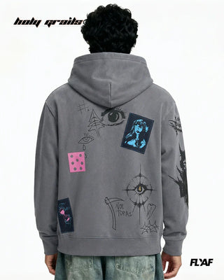 Guy in Street Style 'Cryptic Canvas' Grey 360 GSM 100% Cotton Screen Print & DTF Canvas Patchwork Oversize Hoodie HG x FLYAF - Back