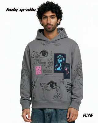 Guy in Street Style 'Cryptic Canvas' Grey 360 GSM 100% Cotton Screen Print & DTF Canvas Patchwork Oversize Hoodie HG x FLYAF - Front