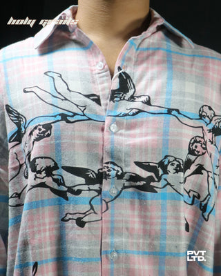 Guy in Street Style 'Cupid Love Flannel' Multi Color Unisex Printed Relaxed Fit Shirt HG x Pvt Ltd - Front Chest Print Close Up