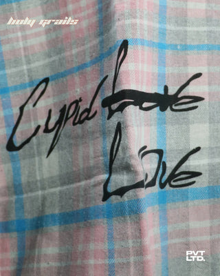 Guy in Street Style 'Cupid Love Flannel' Multi Color Unisex Printed Relaxed Fit Shirt HG x Pvt Ltd - Front Lower Text Print Close Up