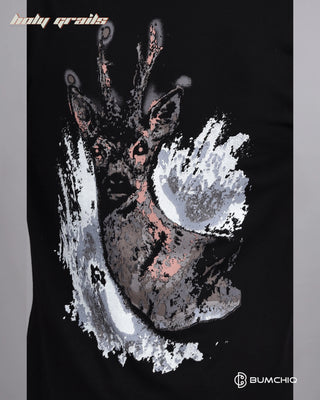 Guy in Street Style 'Deer' Black 240 GSM 100% Terry Cotton Screen Printed Oversize Graphic Tee HG x Bumchiq - Back Print Close Up
