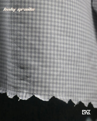 Guy in Street Style 'Delusional' Grey Checkered Cotton Printed Boxy Fit Shirt HG x Pvt Ltd - Bottom Raw Edge Close Up