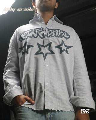 Guy in Street Style 'Delusional' Grey Checkered Cotton Printed Boxy Fit Shirt HG x Pvt Ltd - Front