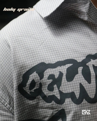 Guy in Street Style 'Delusional' Grey Checkered Cotton Printed Boxy Fit Shirt HG x Pvt Ltd - Front Print Close