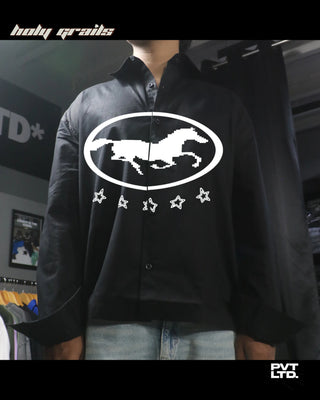 Guy in Street Style 'Derby' Black Cotton Boxy Fit Shirt HG x Pvt Ltd - Front