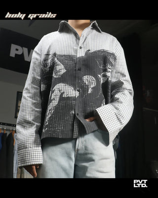 Guy in Street Style 'Devil In Me 2.0' White Check Cotton Graphic Boxy Fit Shirt HG x Pvt Ltd - Front