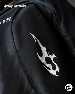 Guy in Street Style 'Divine Violence' Black Spray Painted 240 GSM 100% Cotton Oversize Tee - Back Print 2 Close Up