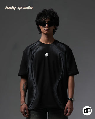 Guy in Street Style 'Divine Violence' Black Spray Painted 240 GSM 100% Cotton Oversize Tee - Front