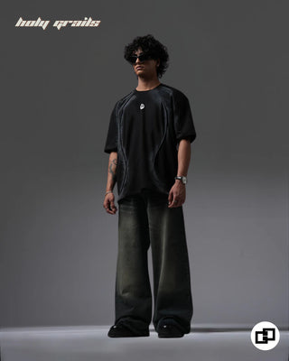 Guy in Street Style 'Divine Violence' Black Spray Painted 240 GSM 100% Cotton Oversize Tee - Front Full Side 2