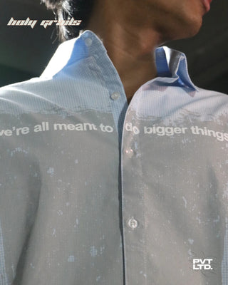 Guy in Street Style 'Doctor Sleeved' Blue Printed Relaxed Fit Shirt HG x Pvt Ltd - Front Print Close Up