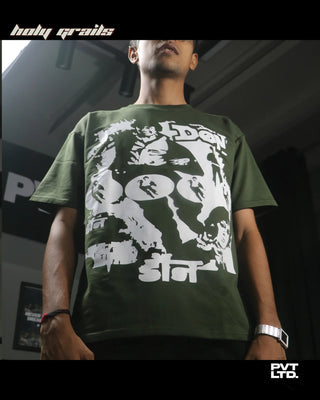 Guy in Street Style 'Don' Green Cotton Graphic Oversize Tee HG x Pvt Ltd - Front