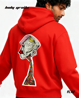 Guy in Street Style 'Enigma Gaze' Red 360 GSM 100% Cotton Graphic Patch Printed Oversize Hoodie HG x FLYAF - Back Close