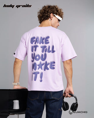 Guy in Street Style 'Fake Make' Pink 240 GSM 100% Terry Cotton Screen Printed Oversize Graphic Tee HG x Bumchiq - Back with Chair