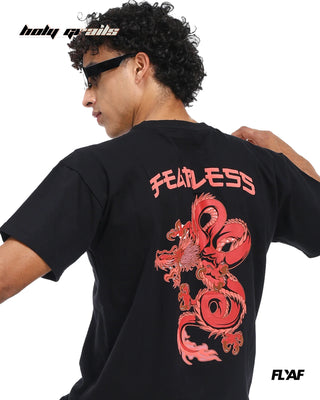 Guy in Street Style 'Fearless Dragon' Black 240 GSM 100% Cotton Puff Printed Oversize Tee HG x FLYAF - Back Close