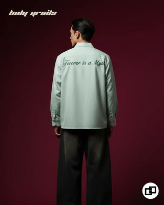 Guy in Street Style 'Forever is a Myth' Green Striped Banana Crepe Wrinkle Resistance Fabric Full Sleeve Shirt HG x Grey Hound Clothing - Back Full