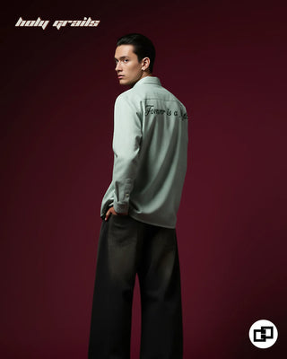 Guy in Street Style 'Forever is a Myth' Green Striped Banana Crepe Wrinkle Resistance Fabric Full Sleeve Shirt HG x Grey Hound Clothing - Back Side 1