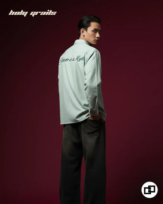 Guy in Street Style 'Forever is a Myth' Green Striped Banana Crepe Wrinkle Resistance Fabric Full Sleeve Shirt HG x Grey Hound Clothing - Back Side 2