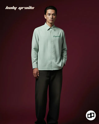 Guy in Street Style 'Forever is a Myth' Green Striped Banana Crepe Wrinkle Resistance Fabric Full Sleeve Shirt HG x Grey Hound Clothing - Front