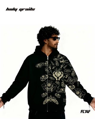 Guy in Street Style 'Fractured Pulse' Black 360 GSM 100% Cotton Puff Printed Oversized Zipper Hoodie HG x FLYAF - Front
