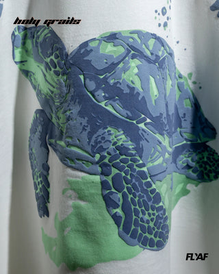 Guy in Street Style 'Go With The Flow' White 240 GSM 100% Cotton Puff Printed Oversize Tee HG x FLYAF - Back Close Up