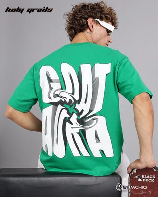 Guy in Street Style 'Goat Aura' Green 240 GSM 100% Terry Cotton Screen Painted Oversize Graphic Tee HG x Bumchiq - Back Sitting