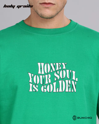 Guy in Street Style 'Goat Aura' Green 240 GSM 100% Terry Cotton Screen Painted Oversize Graphic Tee HG x Bumchiq - Front Close Up