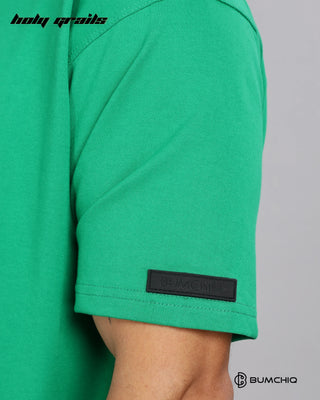 Guy in Street Style 'Goat Aura' Green 240 GSM 100% Terry Cotton Screen Painted Oversize Graphic Tee HG x Bumchiq - Sleeve Close Up