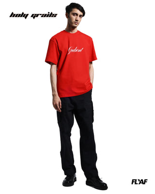 Guy in Street Style 'God Sent' Red 240 GSM 100% Cotton Puff Printed Oversize Tee HG x FLYAF - Front Full