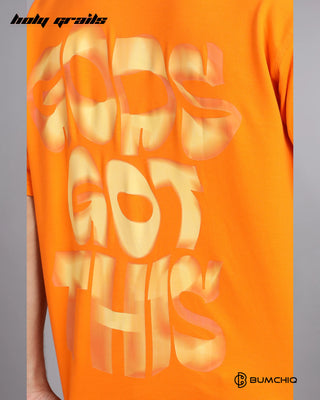 Guy in Street Style 'God's Got This' Orange 240 GSM 100% Terry Cotton Screen Printed Oversize Graphic Tee HG x Bumchiq - Back Side Print Close Up