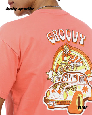 Guy in Street Style 'Groovy' Peach 240 GSM 100% Cotton Puff Printed Oversize Tee HG x FLYAF - Back Close Up