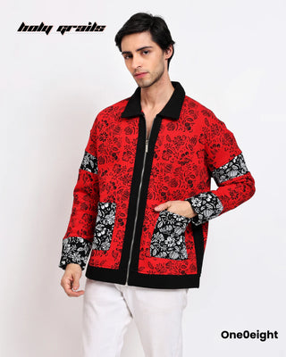 Guy in Street Style 'Gulrang' Red 350 GSM 100% Cotton Fleece Embroidery Varsity Jacket HG x One0eight - Front Closed