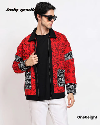 Guy in Street Style 'Gulrang' Red 350 GSM 100% Cotton Fleece Embroidery Varsity Jacket HG x One0eight - Front Open