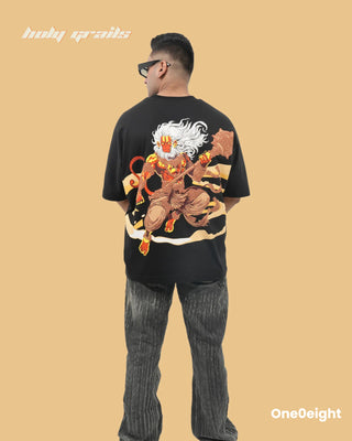 Guy in Street Style 'Hanuman Force of Faith' Black 240 GSM 100% Cotton Screen & Puff Printed Oversize Tee - Back