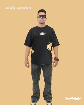 Guy in Street Style 'Hanuman Force of Faith' Black 240 GSM 100% Cotton Screen & Puff Printed Oversize Tee - Front