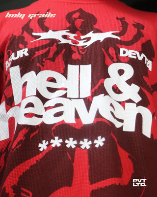 Guy in Street Style 'Heaven & Hell' Red Waffle Cotton Graphic Printed Oversize Sweatshirt HG x Pvt Ltd - Front Close Up