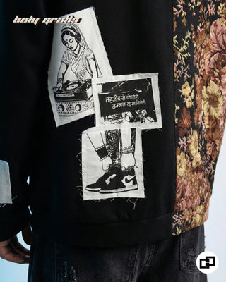Guy in Street Style 'Heritage' Black 400 GSM 100% Cotton & Jacquard Patchwork & Screen Printed Oversize Hoodie - Back Patch Close Up