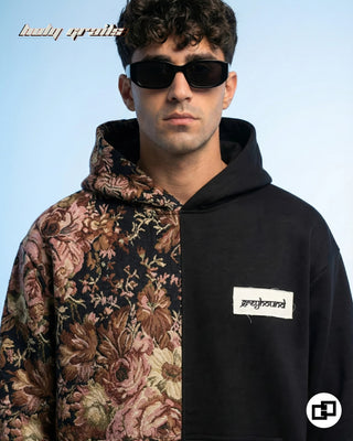 Guy in Street Style 'Heritage' Black 400 GSM 100% Cotton & Jacquard Patchwork & Screen Printed Oversize Hoodie - Front Close Up