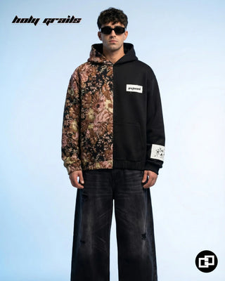 Guy in Street Style 'Heritage' Black 400 GSM 100% Cotton & Jacquard Patchwork & Screen Printed Oversize Hoodie - Front Full