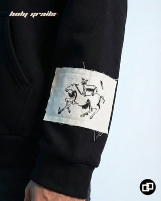Guy in Street Style 'Heritage' Black 400 GSM 100% Cotton & Jacquard Patchwork & Screen Printed Oversize Hoodie - Sleeve Patch Close Up