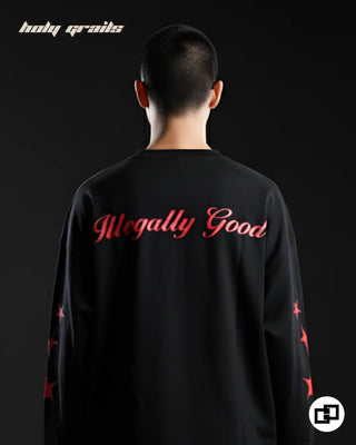 Guy in Street Style 'Illegally Good' Black 280 GSM 100% Cotton Screen Printed Full Sleeves T-Shirt HG x Grey Hound Clothing - Back Close