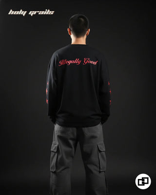Guy in Street Style 'Illegally Good' Black 280 GSM 100% Cotton Screen Printed Full Sleeves T-Shirt HG x Grey Hound Clothing - Back Full