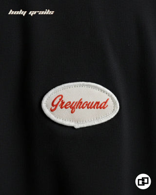 Guy in Street Style 'Illegally Good' Black 280 GSM 100% Cotton Screen Printed Full Sleeves T-Shirt HG x Grey Hound Clothing - Front Branding Close Up